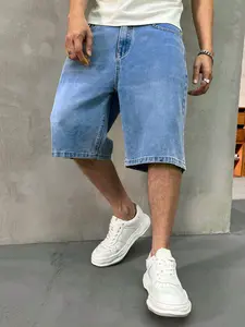 Vintage American Classic Style Loose Straight Leg Workwear, Denim Five-Quarter Pants, High Street Retro Casual Mid-Thigh Jeans for Men