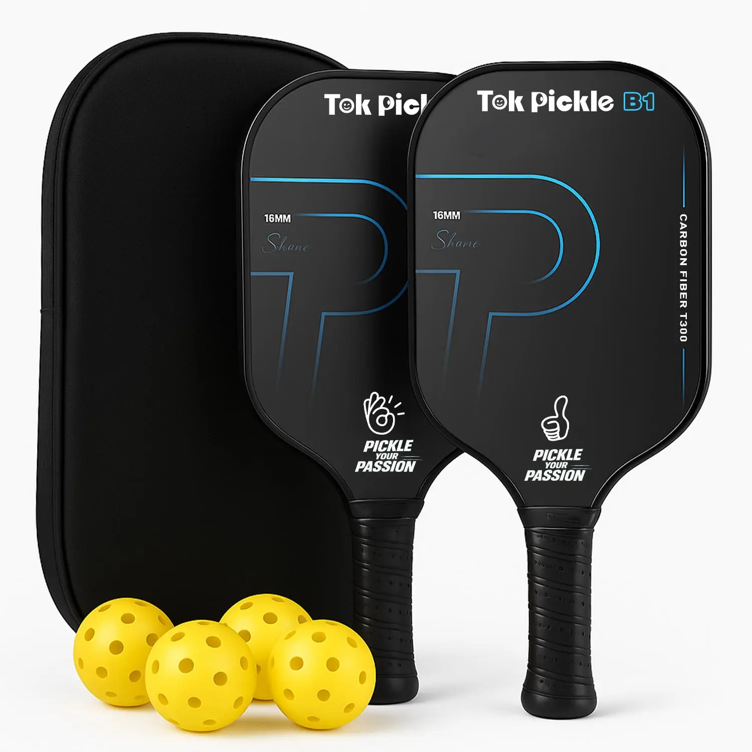 Tok Pickle T300 Carbon Fiber Pickleball Paddle Set - 2 Paddles, Wide Body, Large Sweet Spot, 4 Pickle Balls, Carry Bag, for Beginners & Family Players, Pickle Ball