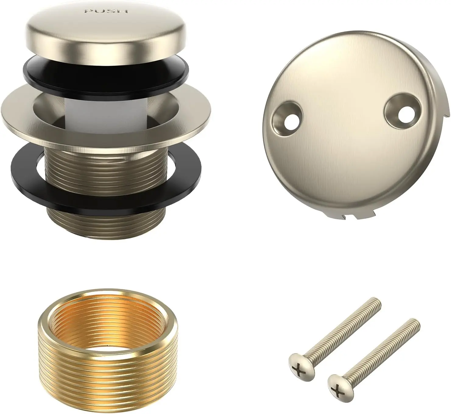 All Metal Tip- Bathtub Drain Kit with Two-Hole Overflow Faceplate and Universal Fine/Coarse Thread Assembly, Bath Tub Drain Kit fits All Bathtub -Brushed Nickel