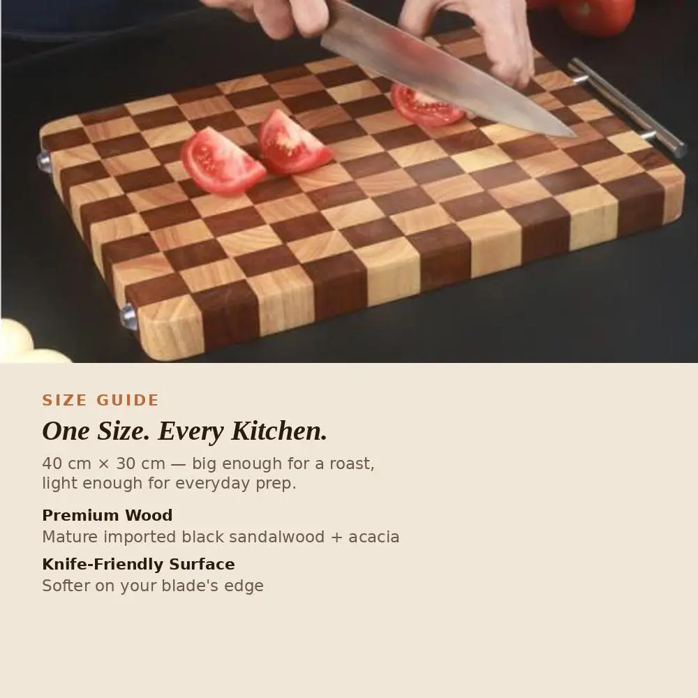 Black Sandalwood & Acacia Checkerboard Cutting Board - Antibacterial Wood Butcher Block with Handle & Non-Slip Ft for Kitchen Chopping Knives Oil