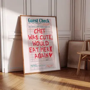 Chef Was Cute Poster Guest Check Print Cheeky Kitchen Decor Typography Wall Art Funny Guest Check Bar Cart Wall Art
