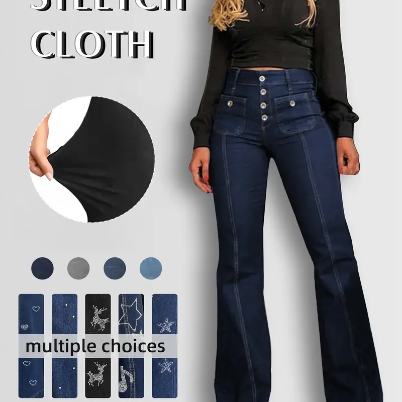 Women's Plain Flare Leg Jeans with Button & Pockets , Casual Bell Bottom Trousers for Daily Wear, Ladies Bottoms for All Seasons