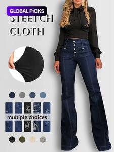 women's plain button pocket flare leg jeans, casual bell bottom denim trousers for daily wear, pants, ladies bottoms for all seasons, everyday womenswear, high rise stretchy