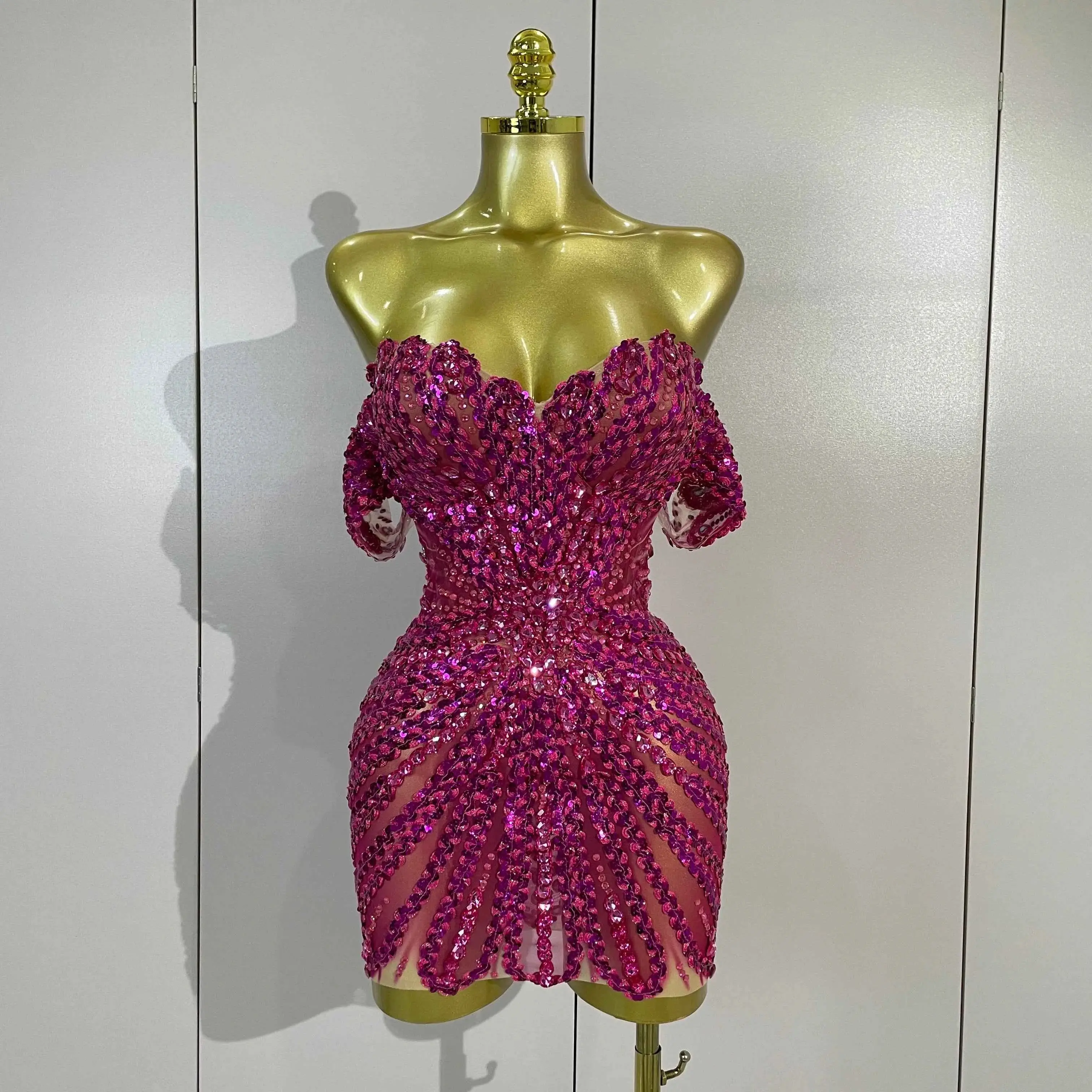 Kyle Sparkly Rhinestone Sequin Off-the-Shoulder Mesh Mini Dress