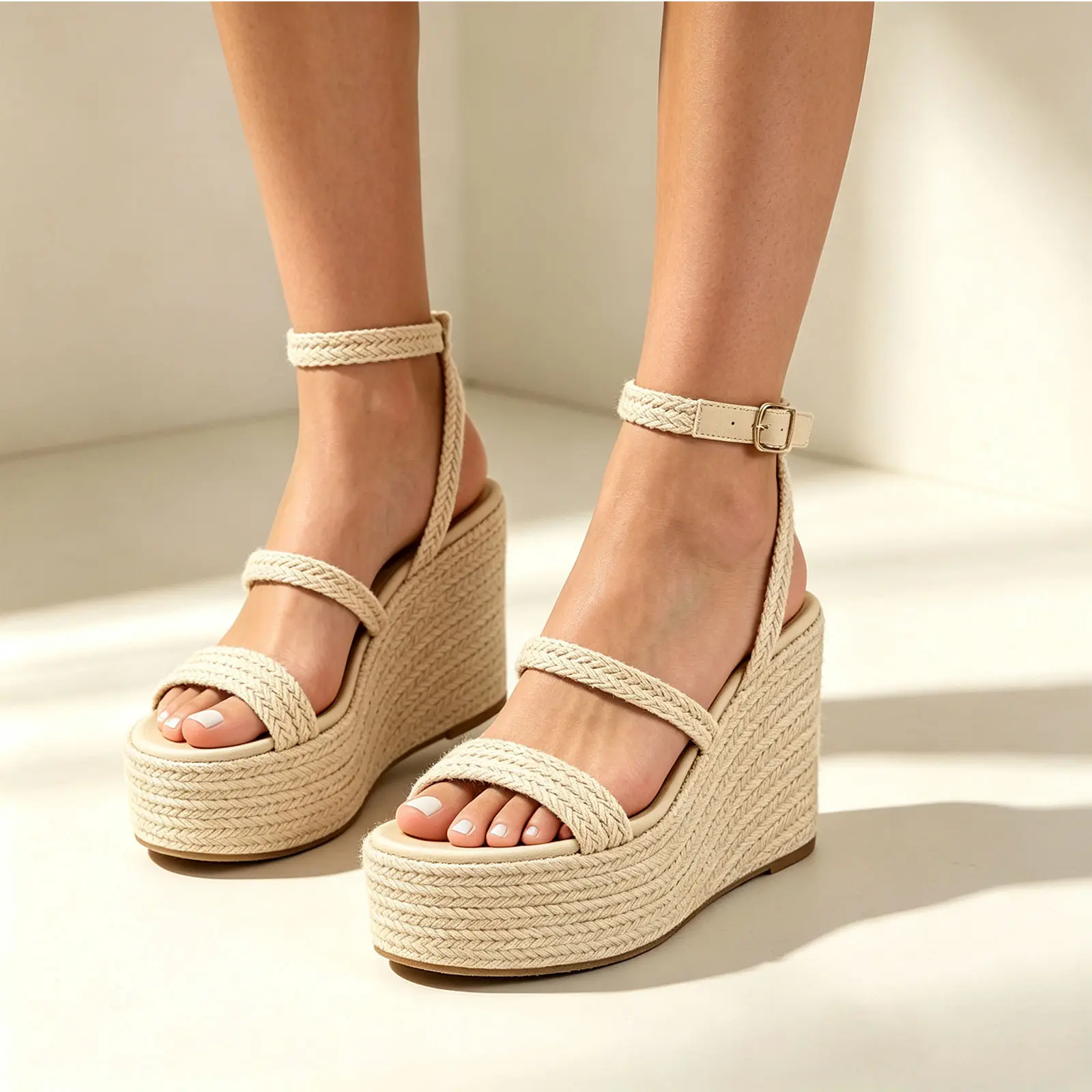 Women's Platform Espadrille Wedge Sandals Square Open Toe 3-inch Mid Heel Footwear with Adjsutable Ankle Strap Girl Fashion Elegant Comfortable Summer Casual Dressy Heeled Shoes for Beach Party Vacation Daily Wear