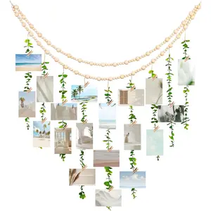 Boho Wall Decor with Photo Hanging Clips, Wooden Beads Garland with Greenery Eucalyptus Decor, Aesthetic Room Essentials for Bedroom, Office Cubicle, Home Wall Decoration