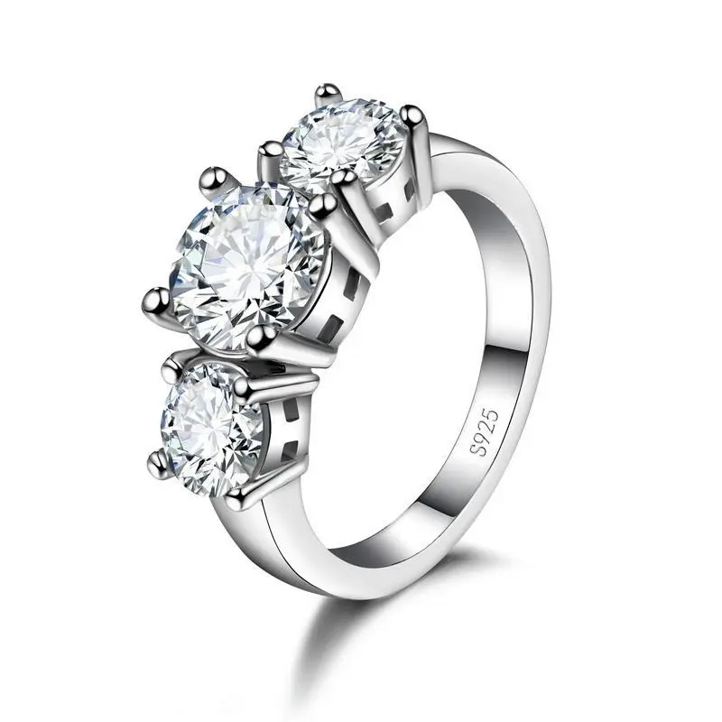 Hot Sale 925 Sterling Silver Color 3 CZ Stone Prong Setting Band Rings for Men Women Wedding Engagement Jewelry