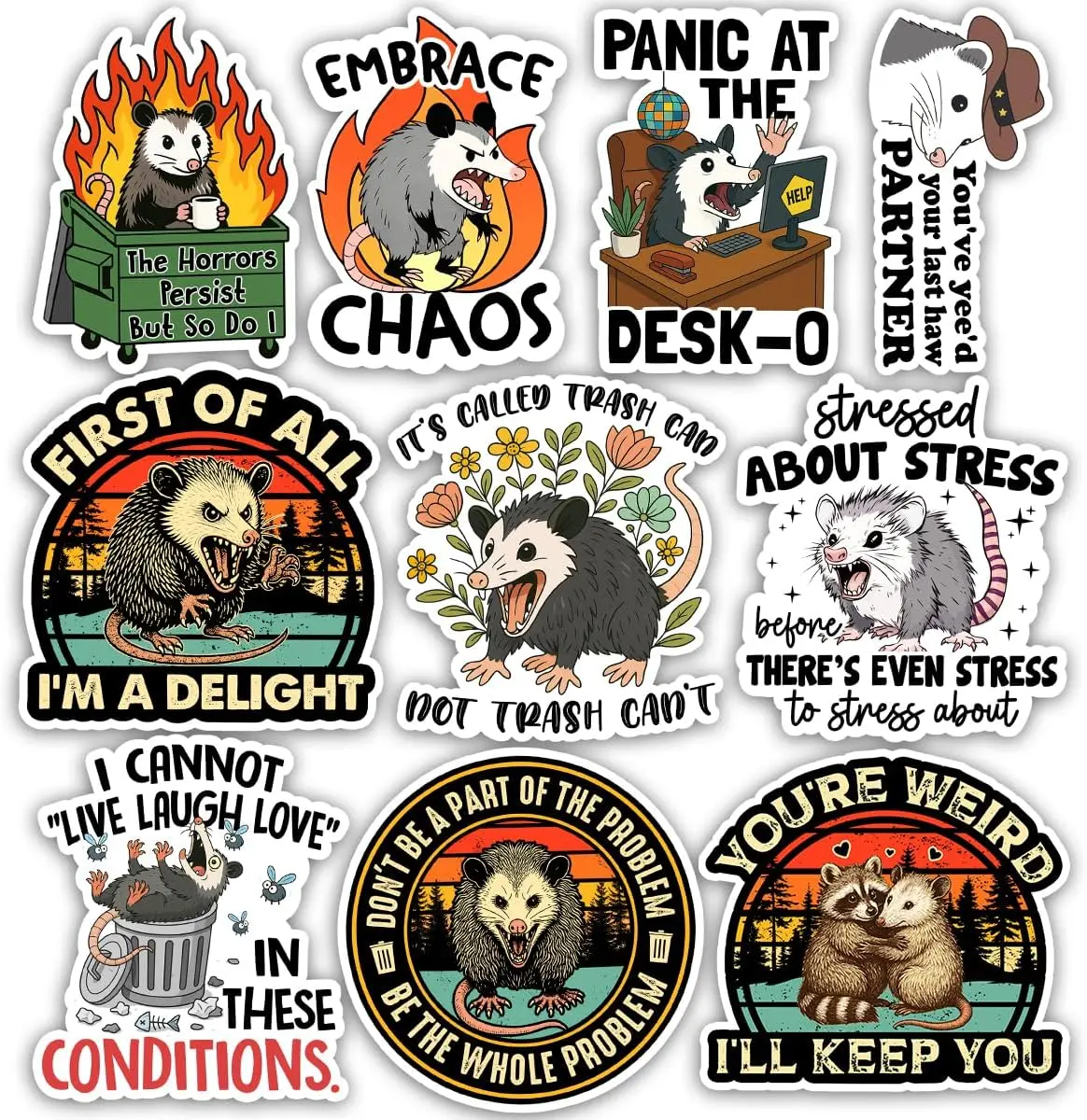 Funny Opossum Sticker Pack, Office Humor Decor Screaming Opossum Meme Sticker, Mental Health Joke Possum Gift, Decoration for Laptop Tablet Water Bottle Desk Car Helmet Vehicles