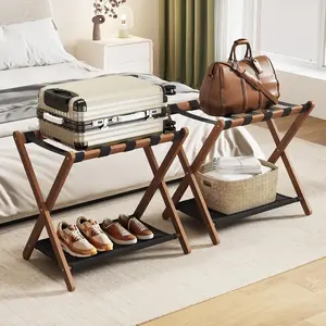 Fully Assembled Walnut Luggage Racks Set of 2,  26.77" Luggage Rack Stand for Guest Room, 5 Nylon Straps, Foldable Suitcase Stand with Storage Shelf for Bedroom Hotel, Holds up to 165 Lbs