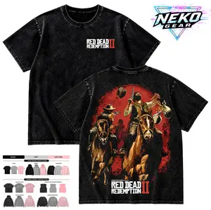 Neko Gear Men's Aesthetic Washed Graphic T-Shirt - Red Dead Redemption 2 Gaming, Vintage Western Streetwear, Oversized Ribbed Garment-Dyed Breathable Fabric Menswear Top