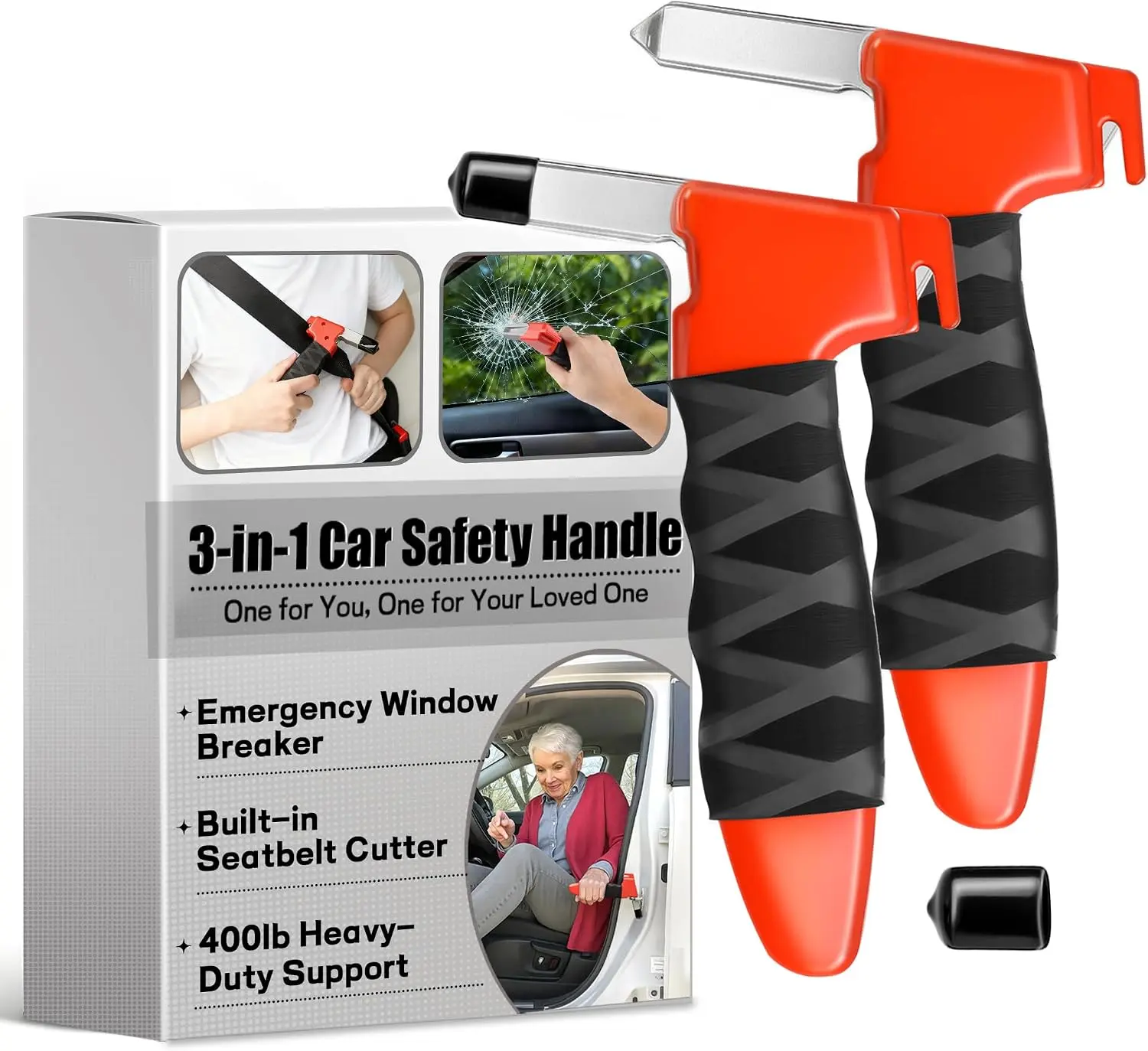 Car Door Handle For Elderly, 2 Pack 3-in-1 Car Handle Assist, Car Window Breaker Seatbelt Cutter, Saving Your Life in Critical Moments, Portable Auto Cane for Seniors, Heavy-Duty 400lbs, Non-Slip Grip