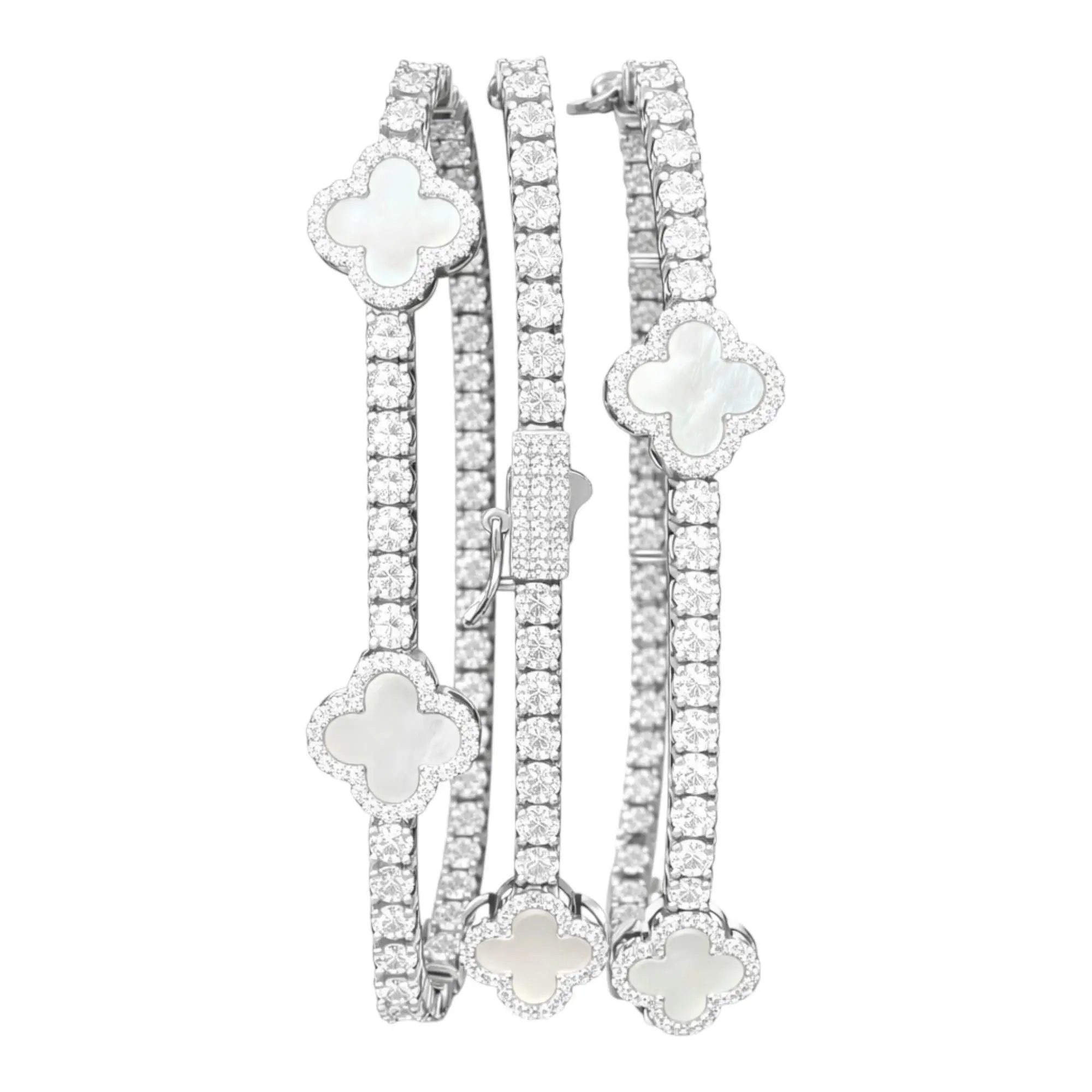 Aura Zen Obatala Clover Moissanite Tennis Bracelet 3mm White Stones – 925 Sterling Silver 4 Leaf Clover Yoruba Santeria Spiritual Protection Jewelry Pulsera Trebol Blanco, Adults, Female