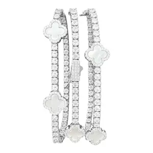 Aura Zen Obatala Clover Moissanite Tennis Bracelet 3mm White Stones – 925 Sterling Silver 4 Leaf Clover Yoruba Santeria Spiritual Protection Jewelry Pulsera Trebol Blanco