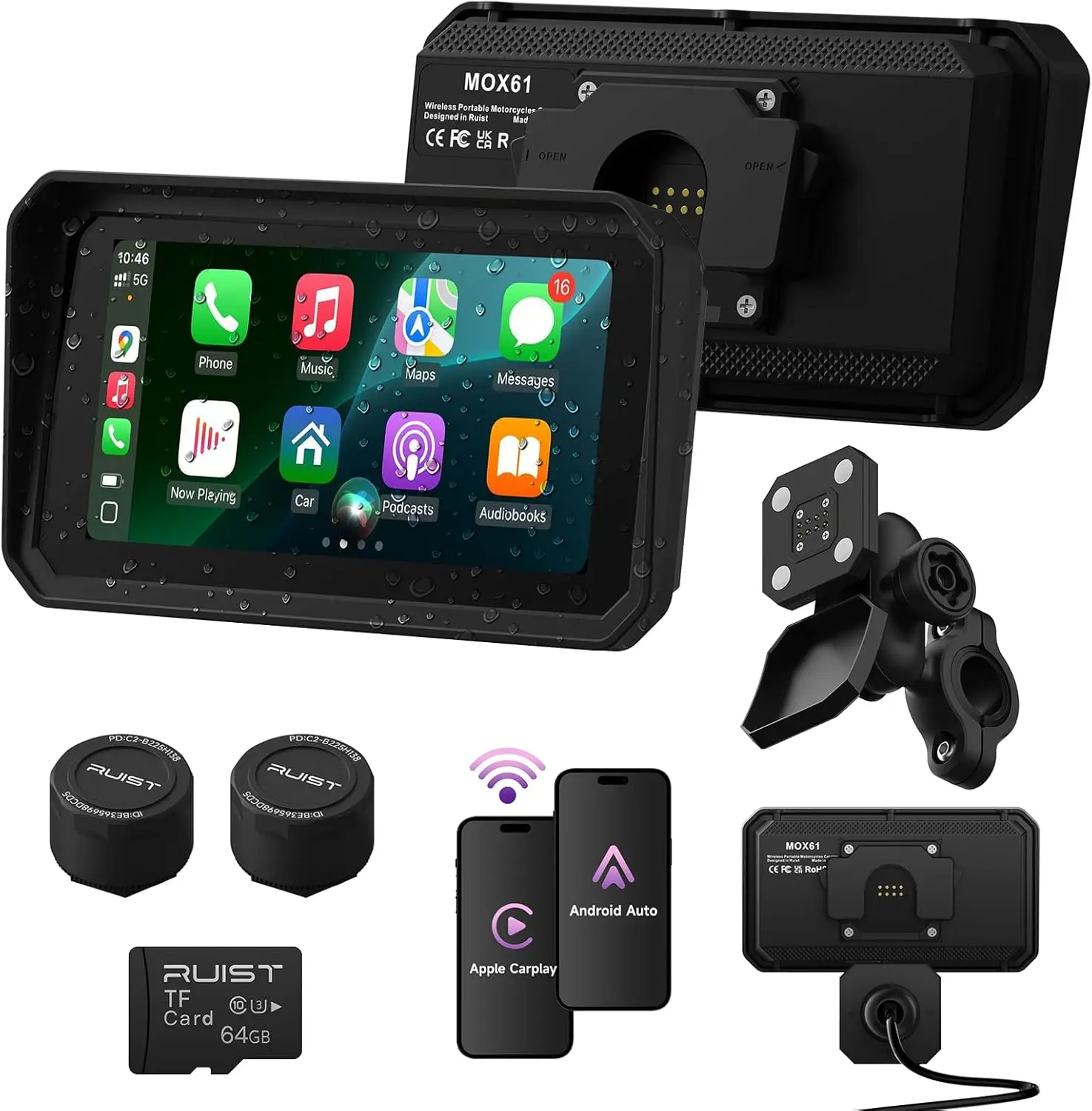 6.1" Wireless Motorcycle CarPlay Screen with TPMS, Model MOX61 | Wireless Apple CarPlay & Android Auto, IP67 Waterproof GPS, Dual Bluetooth, Magnetic Mount, Voice Control.