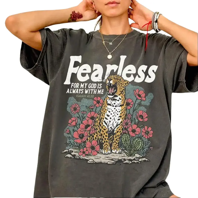 Women's Round Neck Cotton Casual T-Shirt - Acid Wash, Baggy Vintage Streetwear, Retro Fearless Bible Verse, Game-Day Bold Art, Low Iron, All Seasons Christian Clothing for Students