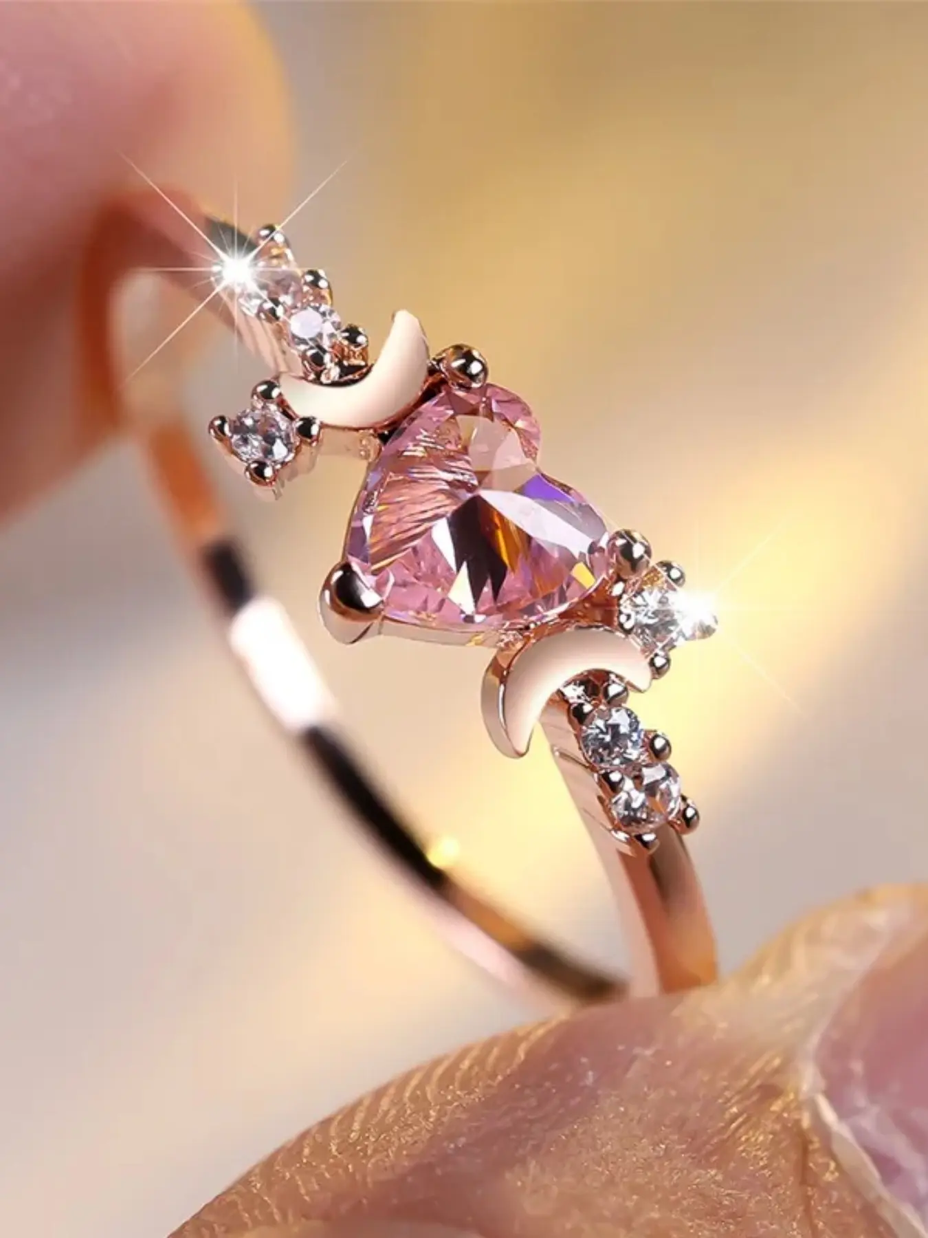 Female Cute Small Moon Heart Shaped Ring Elegant Fashion Rings Artificial Crystal Ring Pink Synthetic Crystal Heart Stone Rings Beautiful Rings For Women Vintage Rose Gold Color Wedding Band Bridal Jewelry