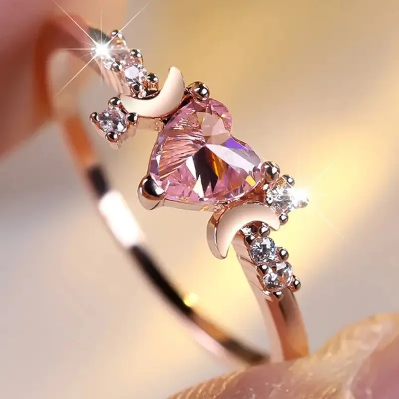 Female Cute Small Moon Heart Shaped Ring Elegant Fashion Rings Artificial Crystal Ring Pink Synthetic Crystal Heart Stone Rings Beautiful Rings For Women Vintage Rose Gold Color Wedding Band Bridal Jewelry