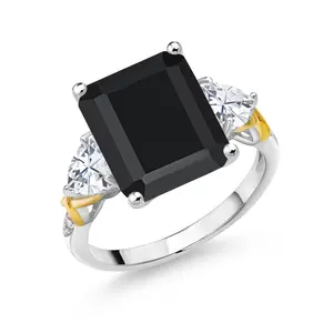 6.73 Cttw Black Onyx Moissanite and Diamond 3 Stone Ring For Women | 925 Silver and 10K Yellow Gold | Gemstone Birthstone | Emerald Cut 12X10MM