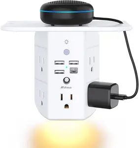 3-Sided Multi Plug Power Strip, Wall Extender with Shelf, Night Light & Surge Protector, USB Wall Charger with 5 AC Wide Space Outlets and 3 USB & 1 C Port, White