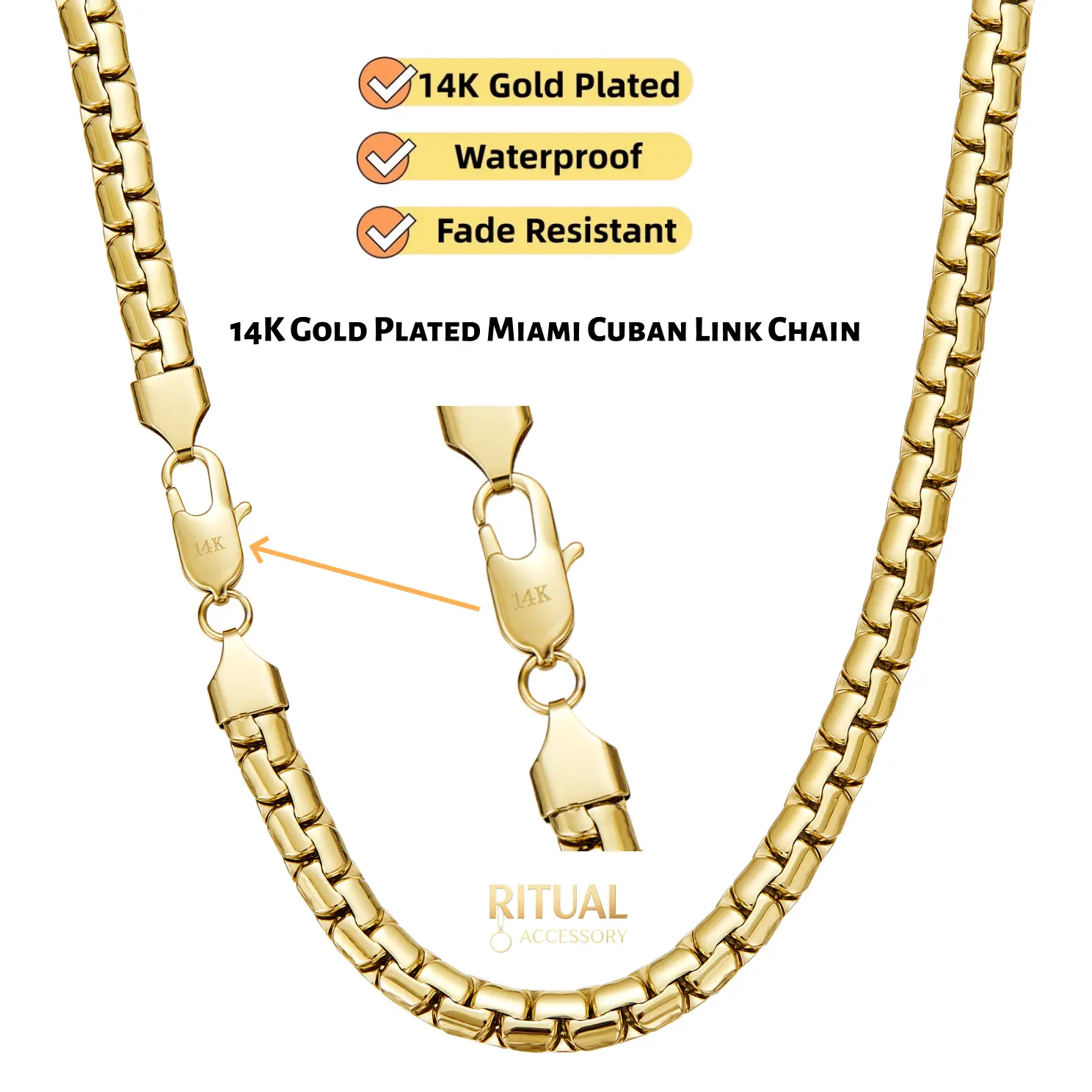14K Gold Plated 7mm Flat Cuban Link Chain 16-24", Unisex Waterproof Fade-Resistant, Ideal Gift for Him Her