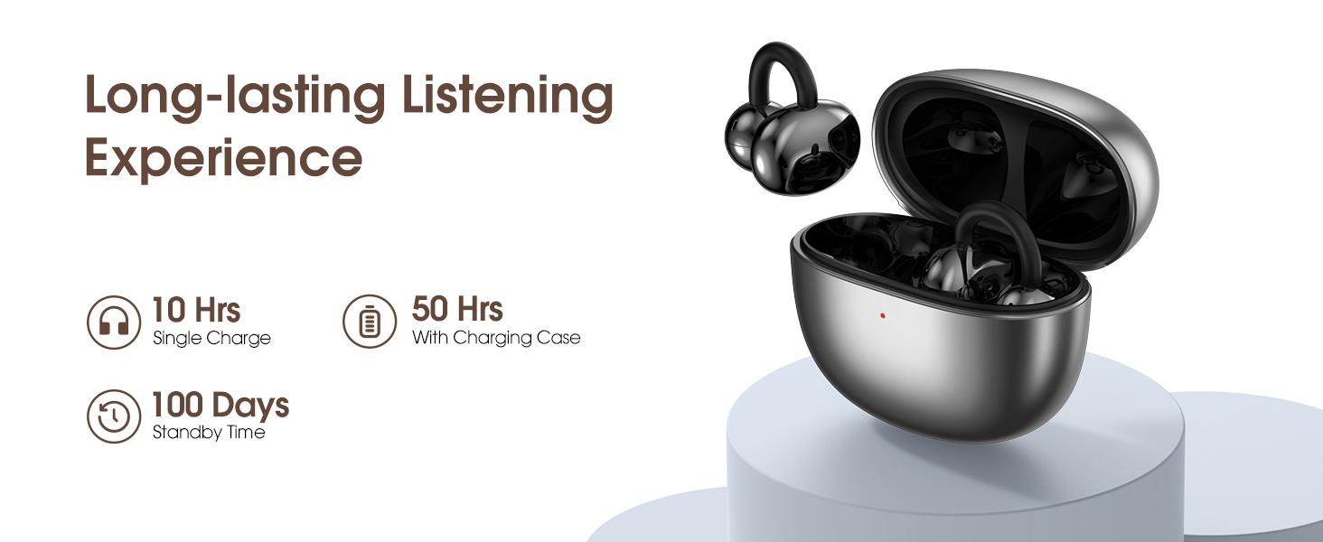 Clip-On Earbuds, Lightweight Comfort with Anti-Drop Design Open Ear Earbuds Bluetooth 5.4, 50H Battery Open Ear Headphones, Waterproof, Perfect for Glasses Wearers, Sports and Workouts