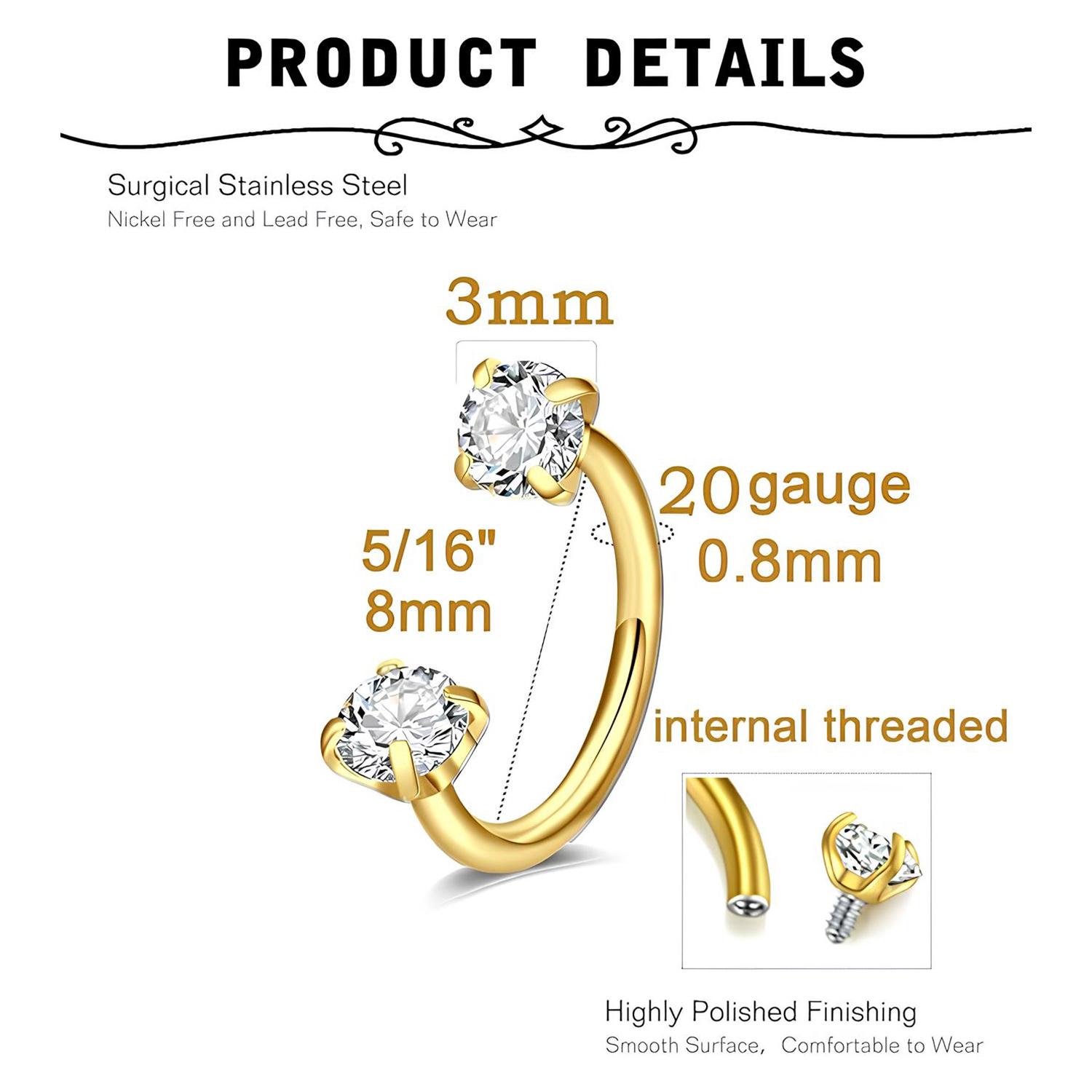 18G Titanium Steel Nose Rings Set – Internally Threaded Horseshoe Hoop with Gems, Surgical Grade, Includes Insertion Tool