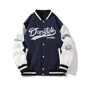 Letter Print Varsity Jacket, Men's Casual Color Block Button Up Jacket For Spring Fall School Baseball Outfit Tops Long Sleeve Classic Menswear Stylish Coats Operator jackets men business casual tops western clothing