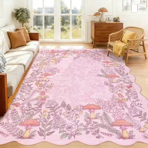 Mushroom-shaped Fan-shaped Border Rug Washable Printed Area Rug Ultra-thin Interior Decorative Rug Soft Non-slip Low-pile Foldable for living room Bedroom Farmhouse Study Restaurant Cafe