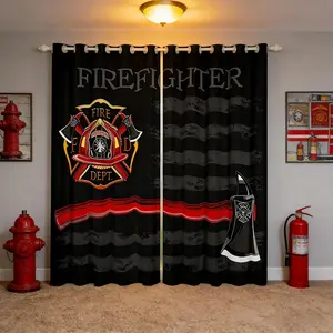 Firefighter Blackout Curtains,American Flag Geometric Stripes Window Drapes for Boys Girls Adults,Fire Fighting Truck Tools Red Black Fashion Window Treatments Grommet Top 2 Panel Set