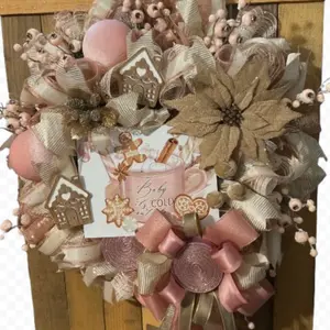 Baby it's Cold Outside Wreath with Pink and Brown Decorative Elements and Gingerbread Theme