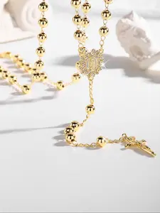 Fashion Luxury Virgin Mary Charm Beaded Necklace, Oxidized Zircon Flower Christian Jesus Cross Pendant Jewelry Gift