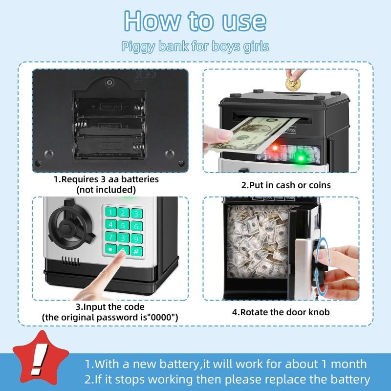 Electronic Piggy Bank with Password Code Lock | Kids Coin Money Savings Box Safe Cash Coin Can Toy, Mini ATM Banks for 3 4 5 6 7 8 9 10 11 12 Year Old Boys Girls  Christmas Birthday Gifts for Children