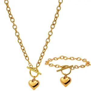 Stainless Steel OT 3D Full Heart Pendant Necklace for Women, Shiny Finish, Eye-catching Heart-Shaped Necklace and Bracelet Set for Valentine's Day