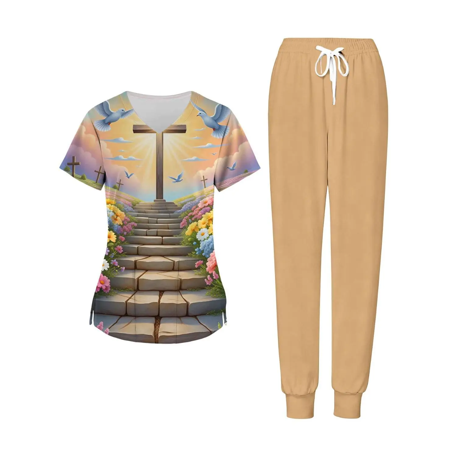 Beige Women's Two-Piece Set: V-Neck Top with Cross and Stairway Design, Paired with Casual Pants – Perfect for Sportswear or Nurse Uniform