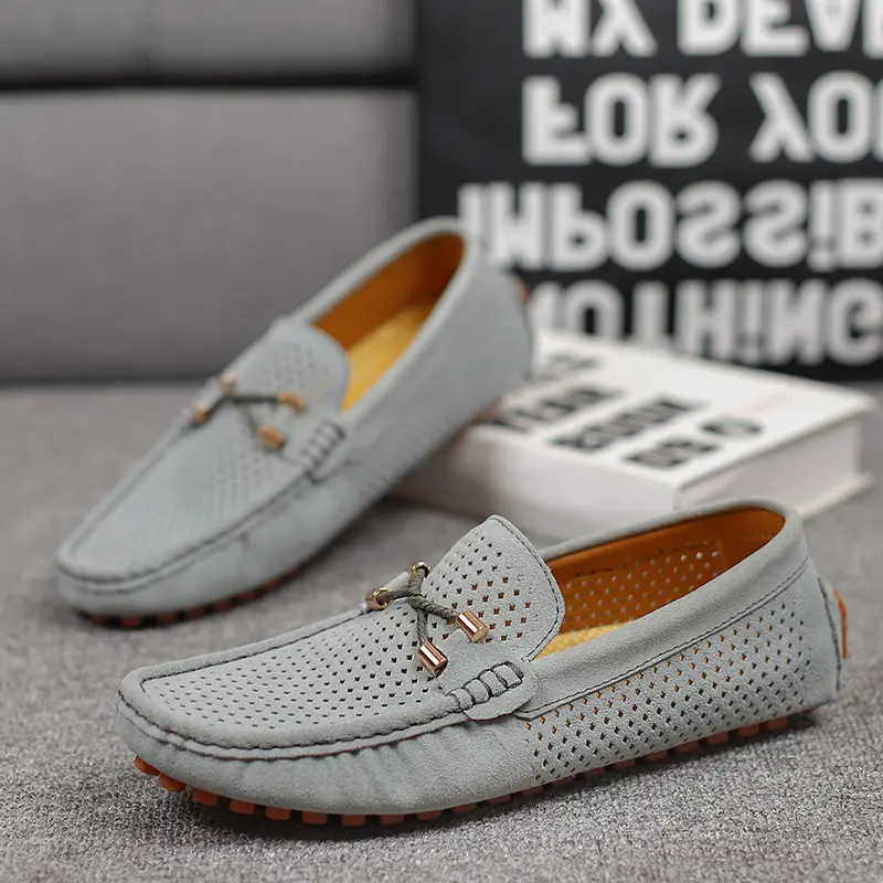 Men’s perforated slip-on leather casual shoes, soft sole, breathable driving shoes