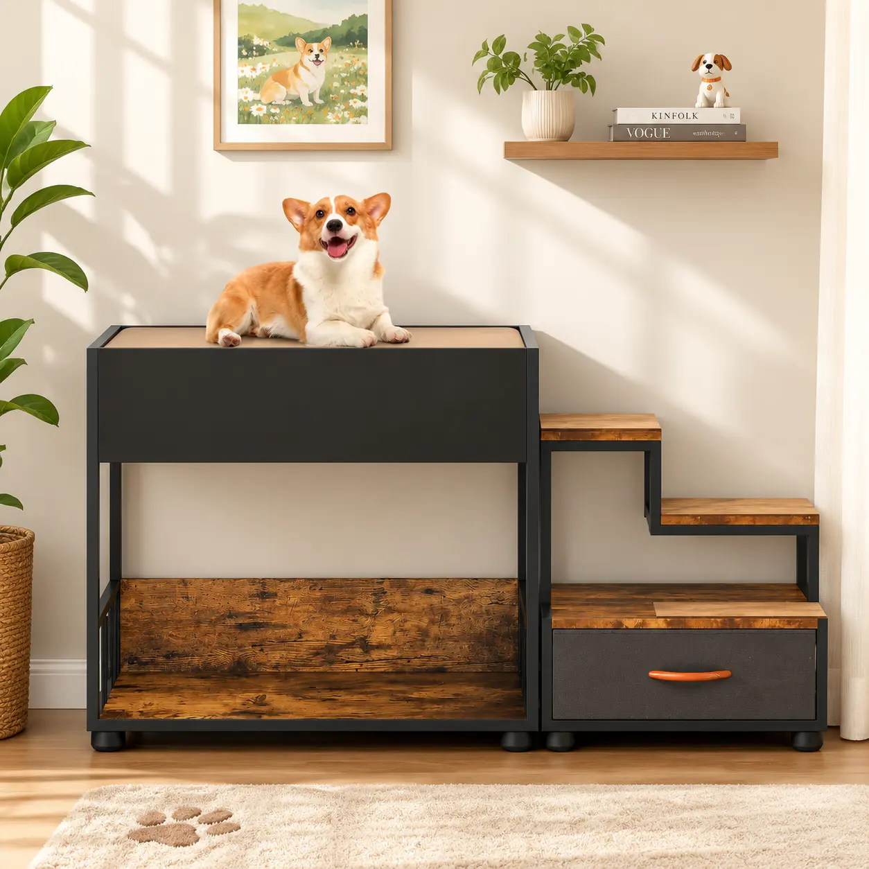 littleox Pet Step Window Perch,Bunk Beds Window Perch for Dogs Bedside Lounge Elevated Dog Bed Multi-Level Platform with sponge, Non-Slip Pad and Storage,Vintage