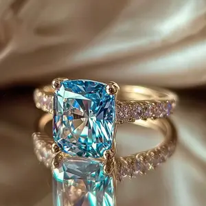 Elegant engagement ring, 14K gold plated with shiny blue synthetic Cubic Zirconia, princess style, engagement and wedding ring, suitable for women wearing evening dress, party and banquet