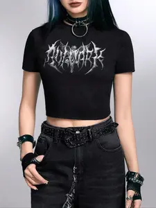 Women's Wing Print Round Neck Crop Tee, Punk Fashion Short Sleeve T-shirt for Casual Everyday Wear, Daily Holiday Vacation Outdoor Wear, Women Tops for Summer