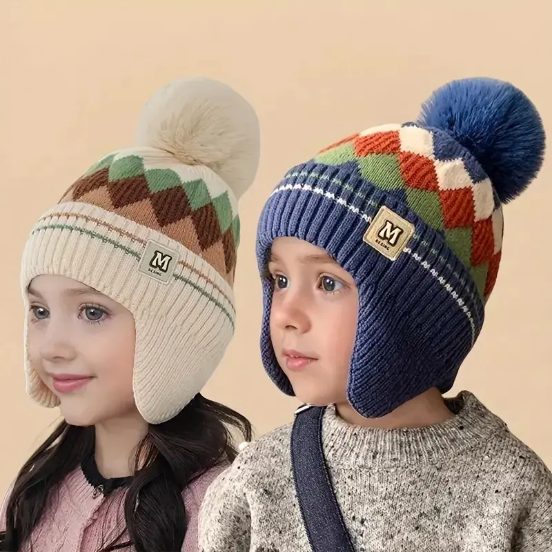 Winter Ear Protection Hat for Boys & Girls, Windproof Warmth Fleece Lined Knit Cap, Elastic Fit, School Cycling Outdoor Activities