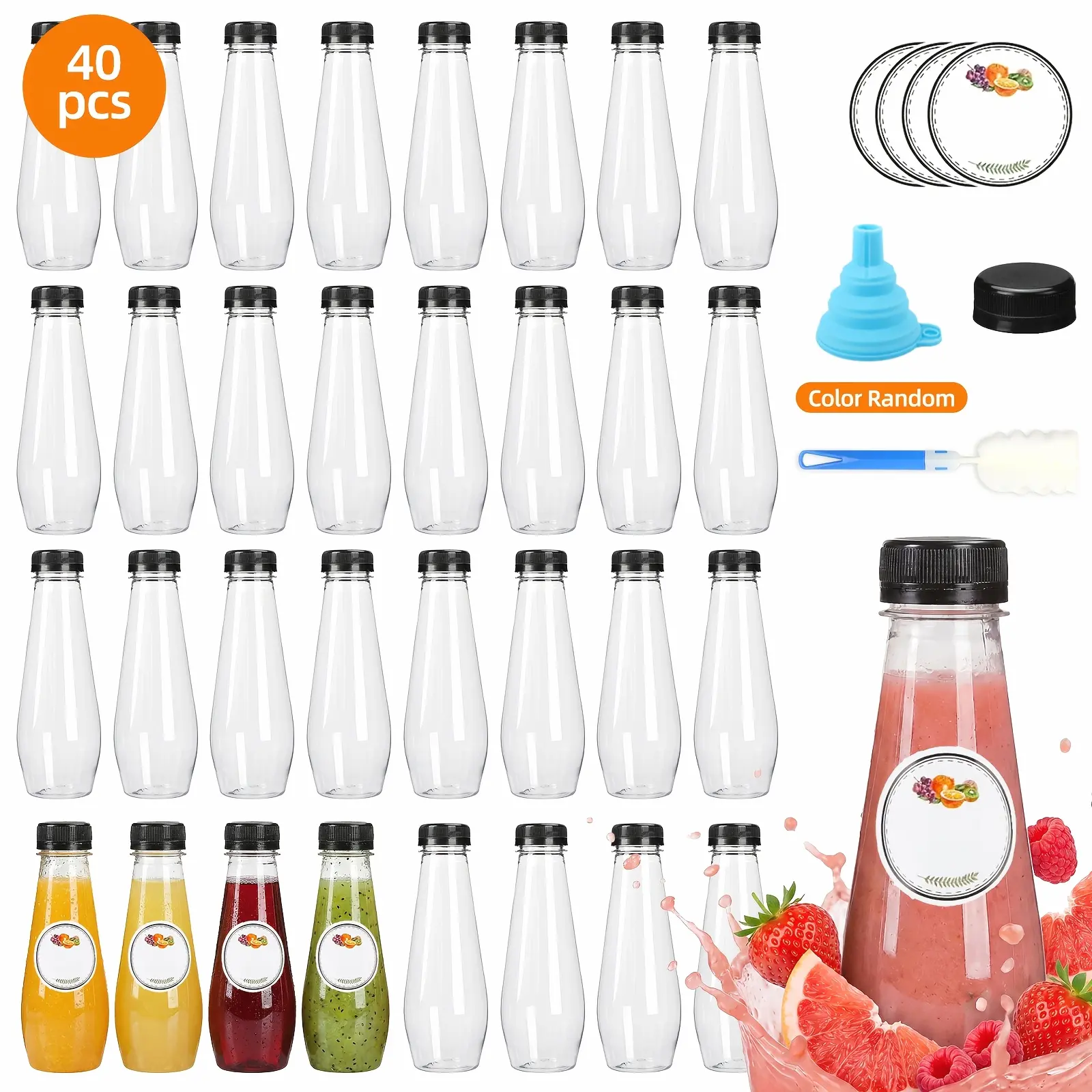 40pcs/80pcs 12Oz Plastic Juice Bottles Aesthetic Lightweight Slim, Reusable Bulk Beverage Containers Bottles with Leakproof Screw Caps, Picnic Supplies, for Milk Tea, Juicing, Smoothies, Drinking, Fridge, Party. Funnel & Brush (Color Random)