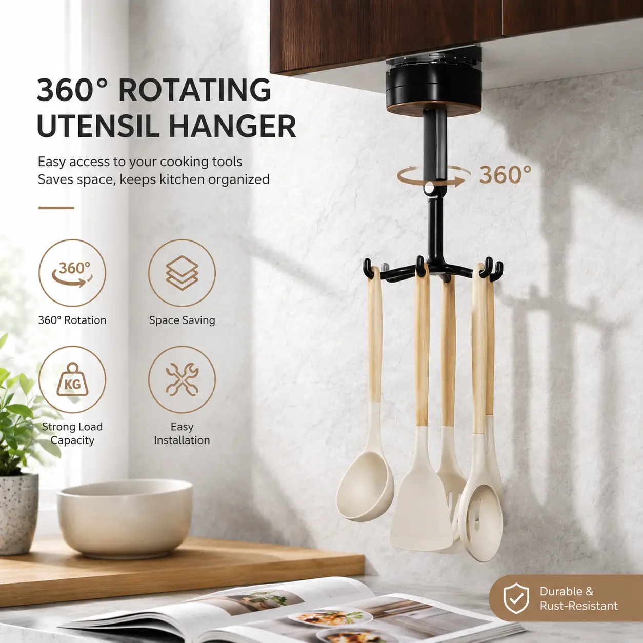 Suction Cup Kitchen Utensil Hook with 6 Hooks, 360° Swivel Wall-Mounted Hook Holder, Adhesive No-Drill Hanger for Pots, Pans, Spatulas, Towels