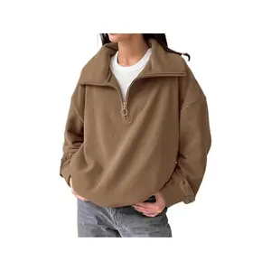 Women's Brown Faux Sherpa Pullover Collar Long Sleeve Top Fabric Soft Fabric Soft Womenswear Fit Hoodie Jeans Sweatshirts