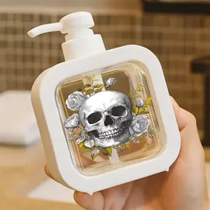 Gothic Skull & White Roses Golden Border Soap Dispenser - Moisturizing Hand Pump Bottle, Kitchen & Bathroom Decorative Liquid Soap Dispenser with Ornate Golden Frame, Vintage-Inspired Gothic Home Decor, Halloween & Themed Party Essential, Durable for