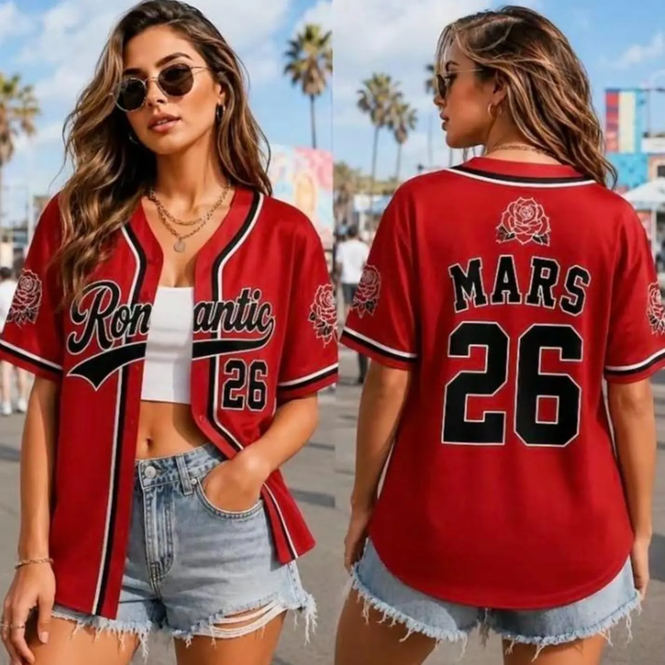 Latin Pop Tour Baseball Jersey #26, Bichota Graphic Button Down Shirt, Vintage Red Black Streetwear, Summer Music Festival Outfit I