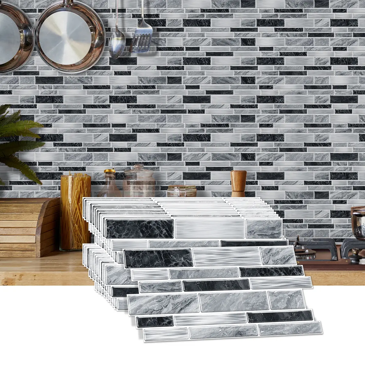 12 PCS Modern Style Alien Marble Pattern Effect PVC Stickers Peel And Stick Wallpaper Waterproof And Oil Resistant, Easy To Maintain Grey And Black Bathroom Kitchen Wall Decor|Interlocking Design