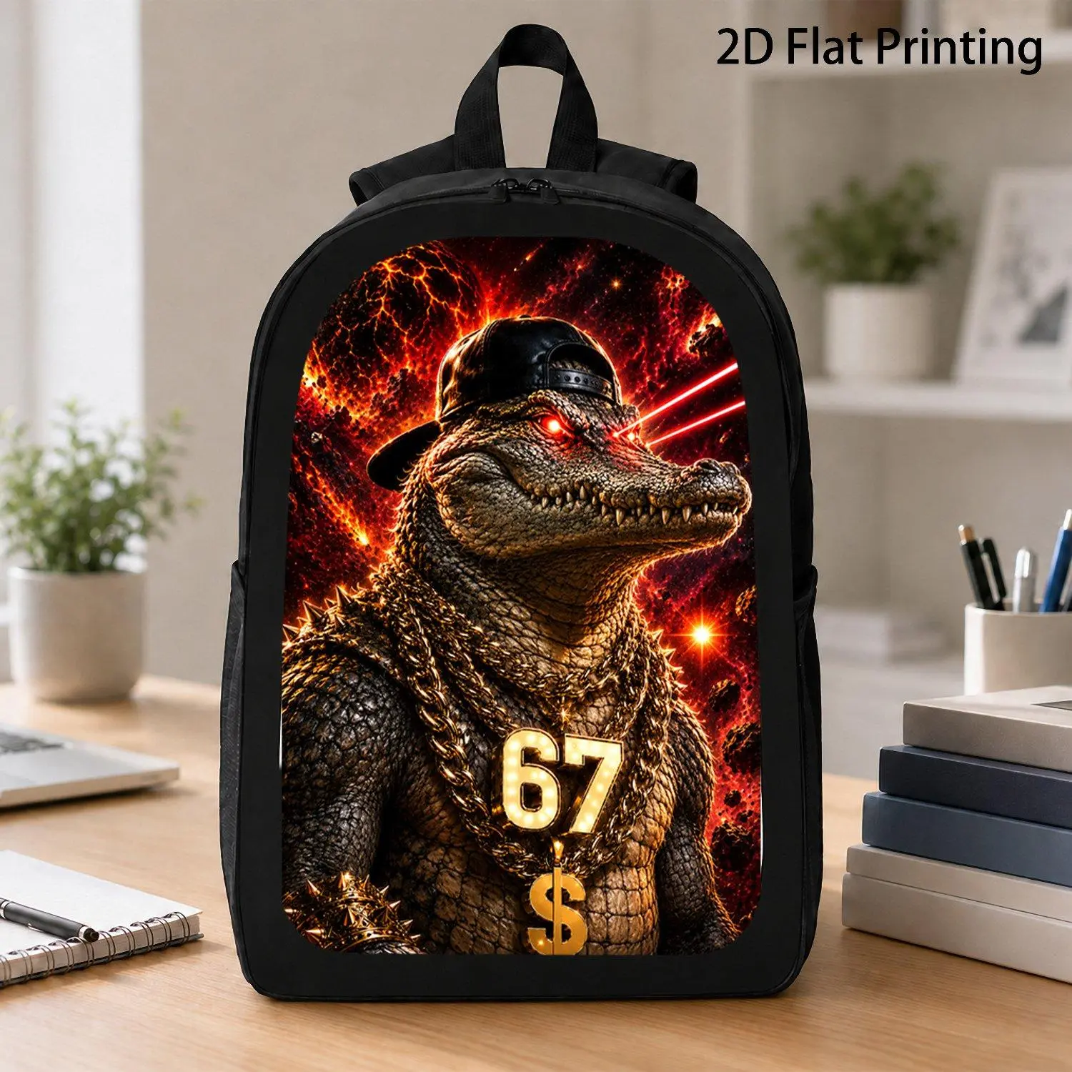 [17 Inch Backpack] Lava Space Gangster Crocodile Cap And Gold Spiked Chains 67 Red Laser Eyes Backpack Trendy Reptile Art Print Portable 17 Inch Laptop Backpack