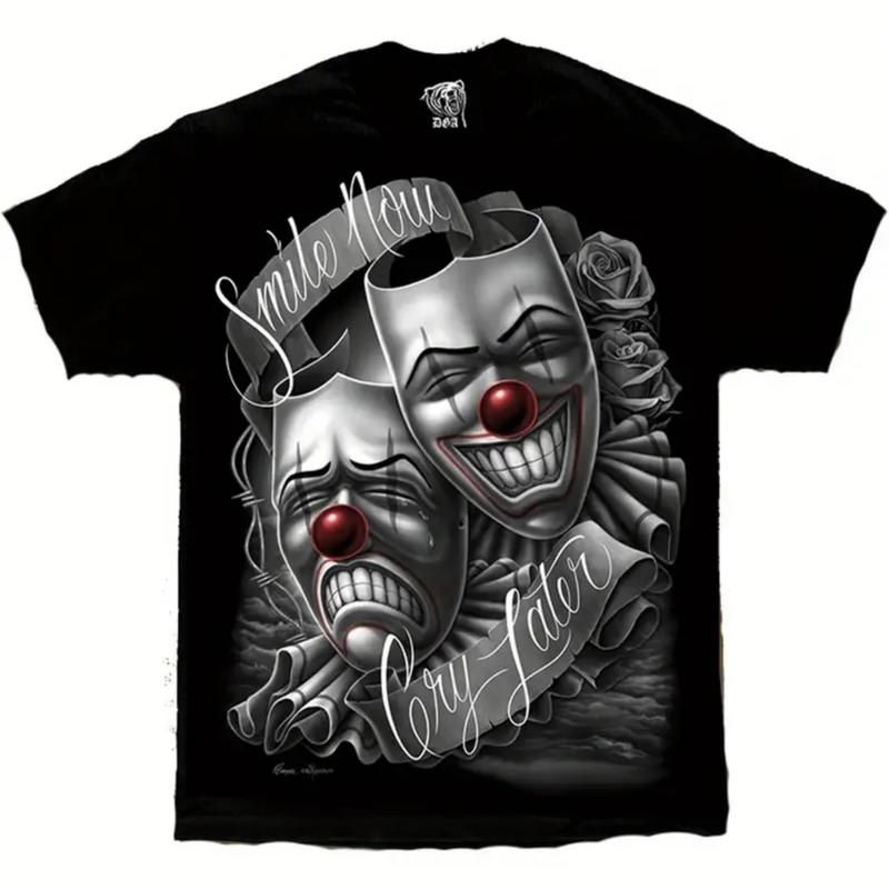 DGA Drama Mask Lowrider Chicano Art Smile Now Cry Later David Gonzales T Shirt Men's Classic Crewneck Short Sleeve Cotton Top