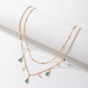 Elegant Gold-Tone Layered Necklace with Green Teardrop Charms for Women's Fashion