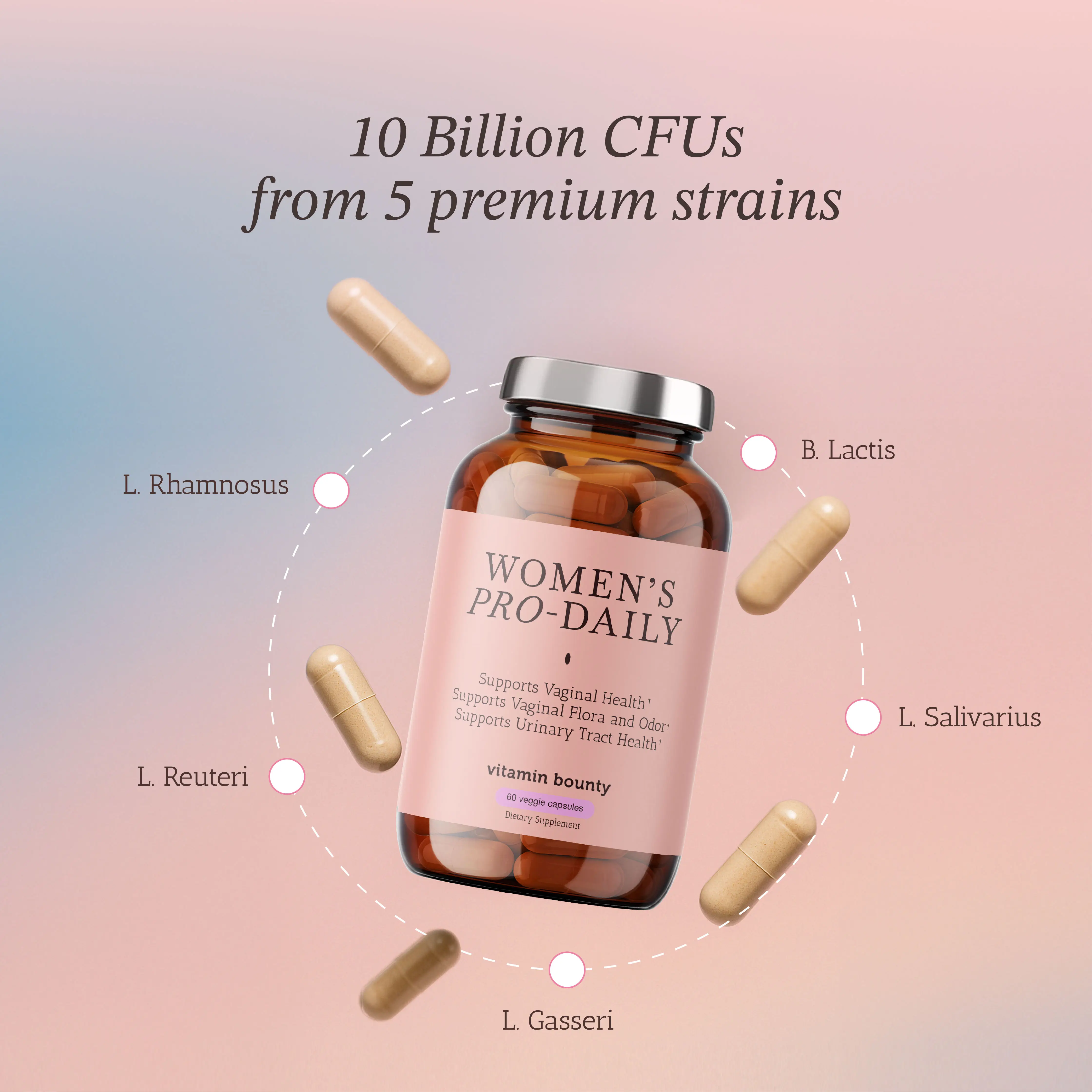 Vitamin Bounty Women's Pro-Daily Probiotic supplement with Cranberry & Black Cohosh Ashwagandha + 10 Billion CFUs from 5 Strains to support vaginal we