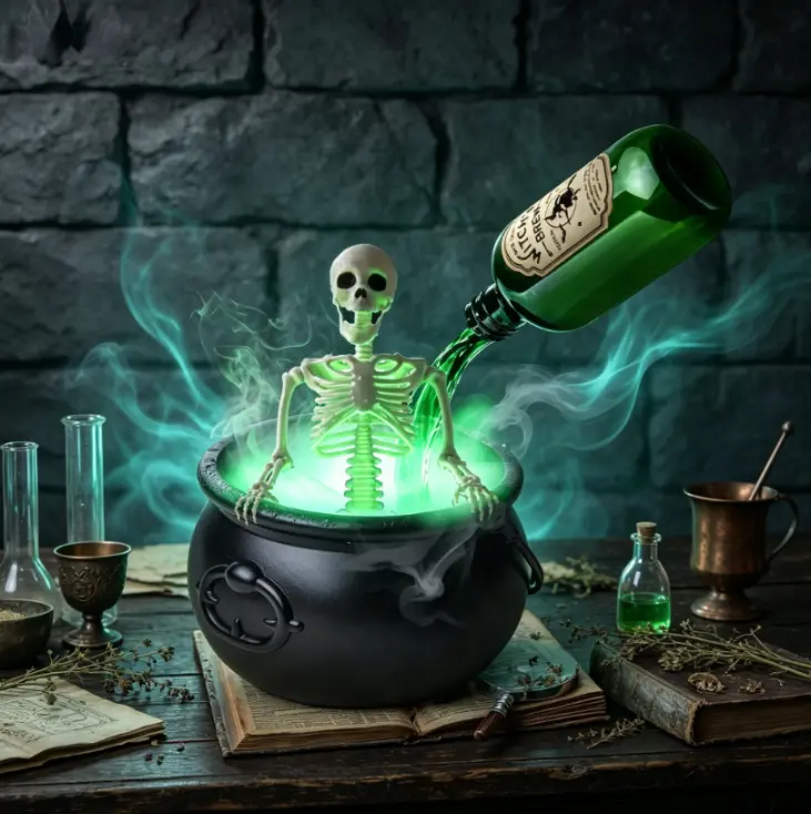 Halloween Large Witch Cauldron Decor with Fog Maker & Skeleton, Spooky Witch Pot, Halloween Party Ornaments for Home, Porch, Yard Indoor Outdoor Decoration